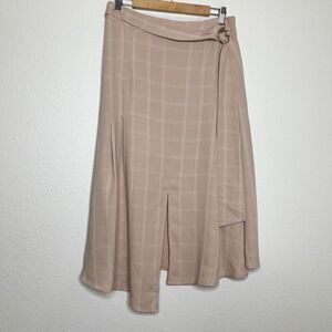 Farrow Midi Skirt Medium Neutral Plaid Window Pane Tie-Up Modest Slit Career